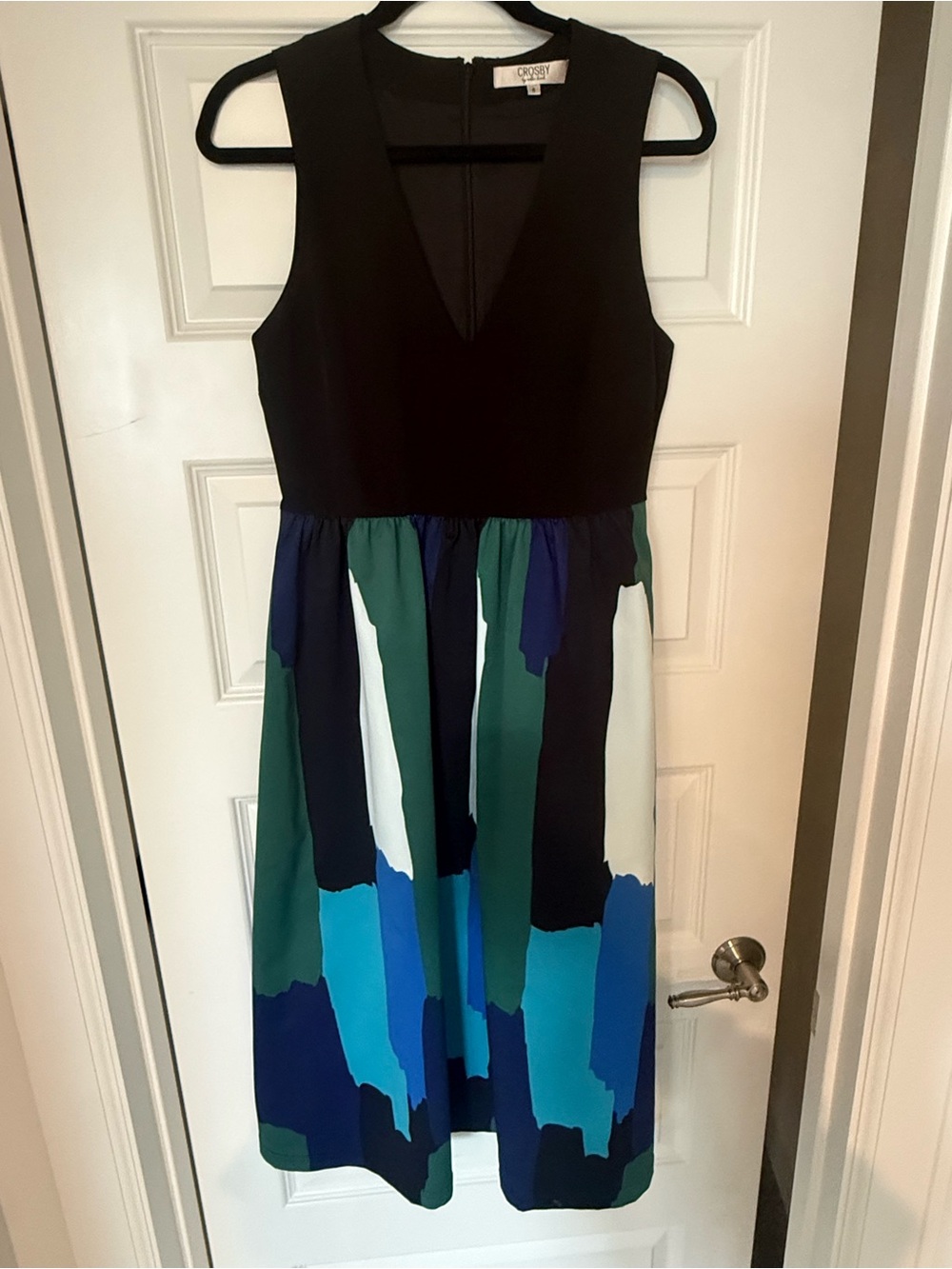 crosby. Black Bodice Colorblock Midi Dress with Blue and Green Print